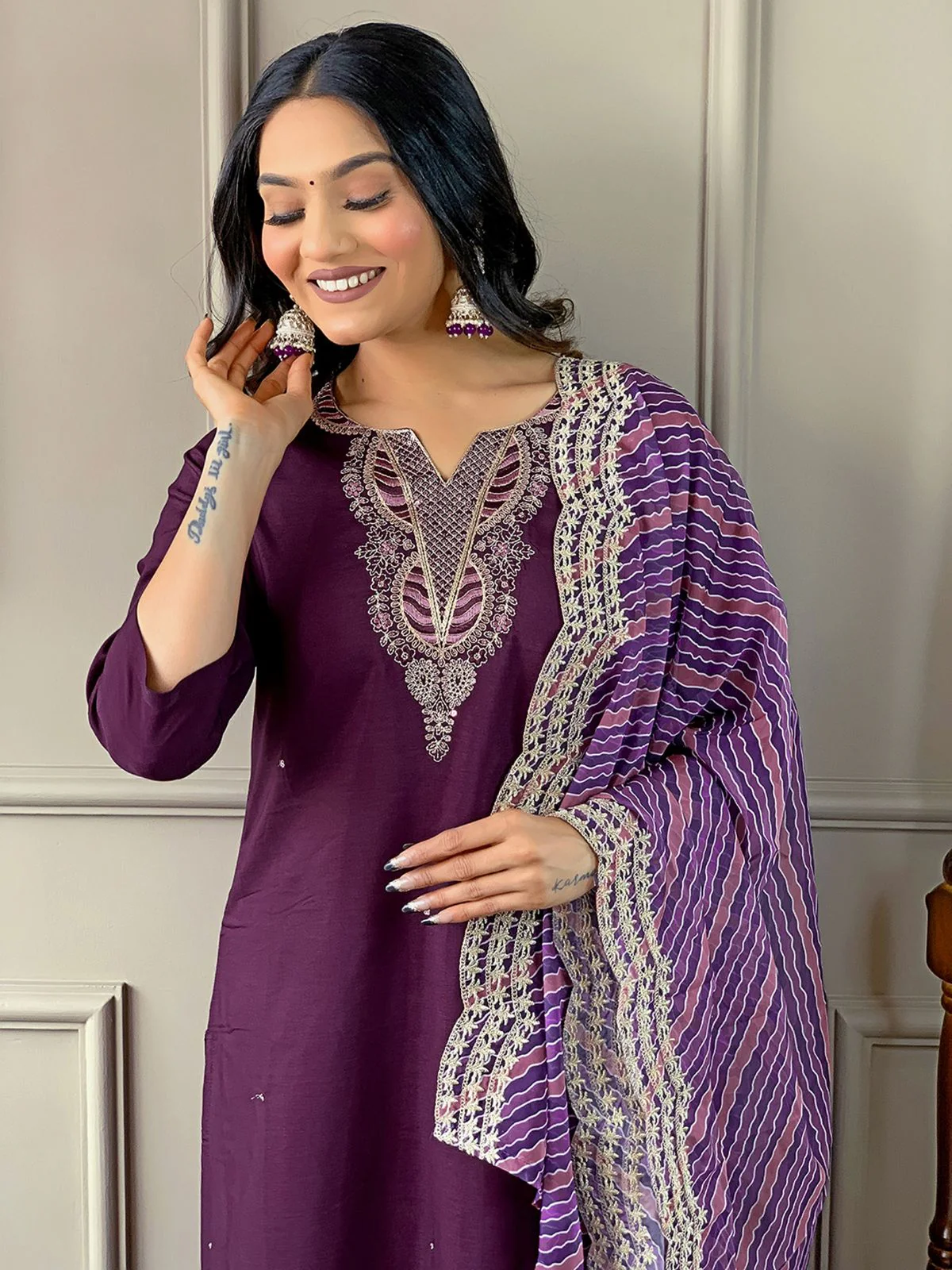 Odette Purple Embroidered Viscose Silk Stitched Kurta Salwar Set For Women - Image 3