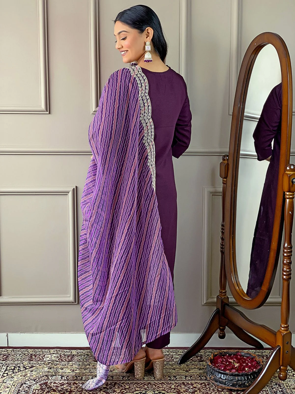 Odette Purple Embroidered Viscose Silk Stitched Kurta Salwar Set For Women - Image 4