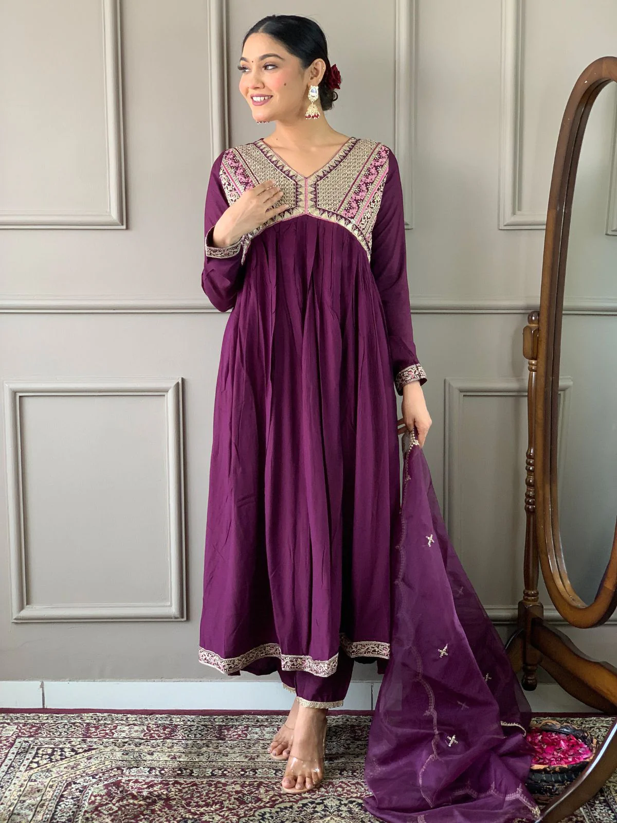 Odette Purple Embroidered Viscose Silk Stitched Kurta Salwar Set For Women - Image 2