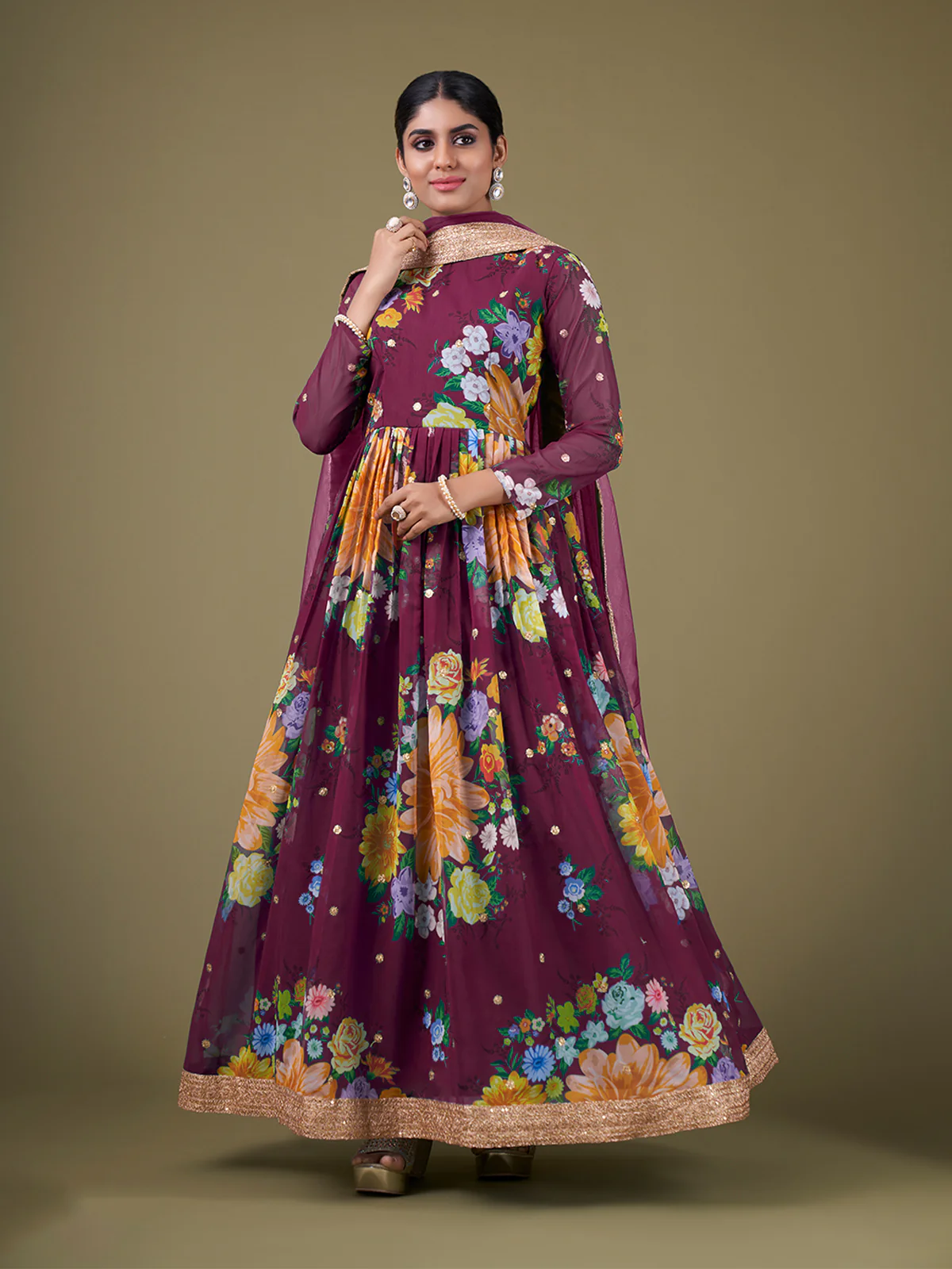 Odette Purple Faux Georgette Printed Semi Stitched Anarkali Kurta Set For Women - Image 2