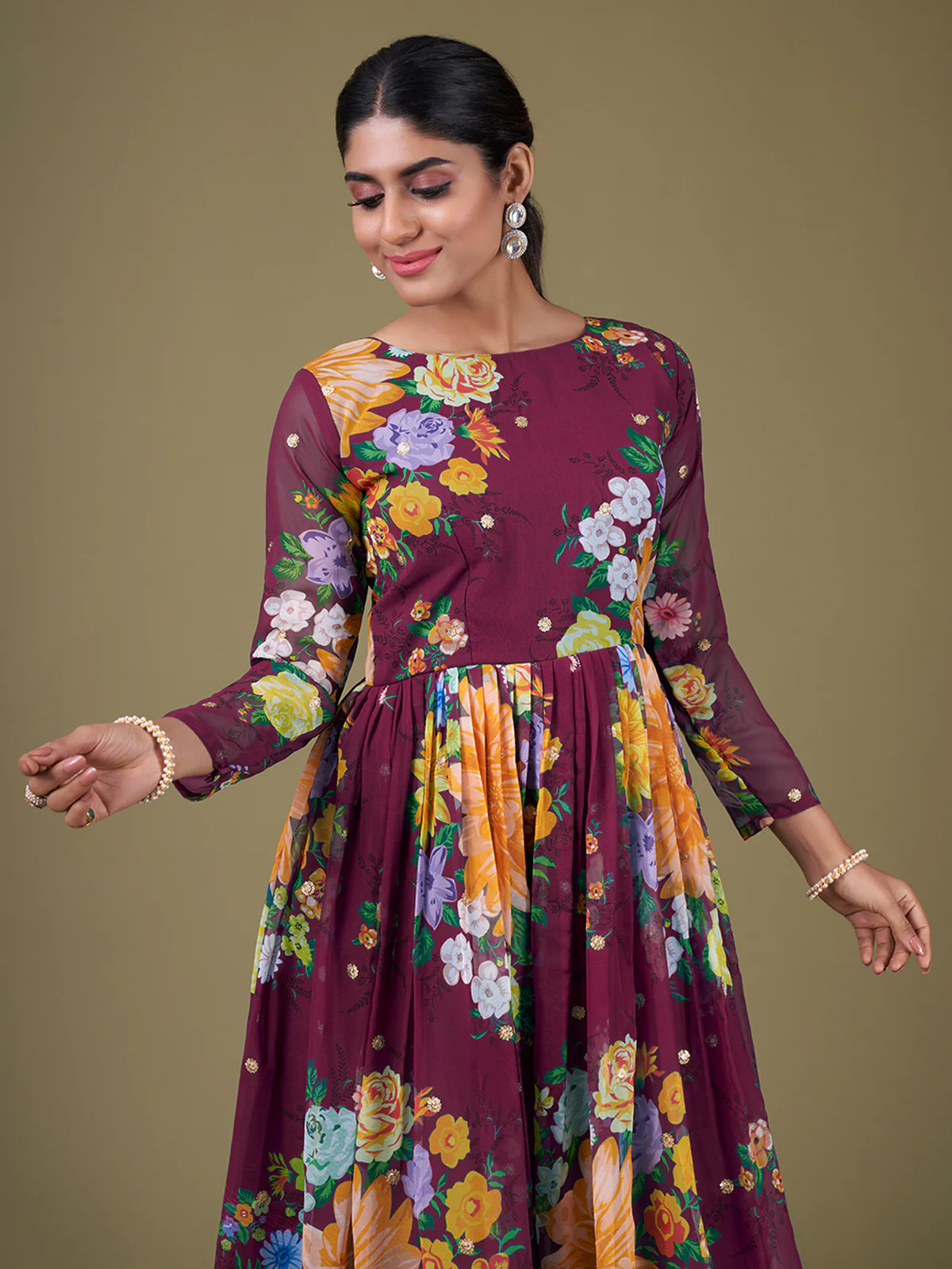 Odette Purple Faux Georgette Printed Semi Stitched Anarkali Kurta Set For Women - Image 4