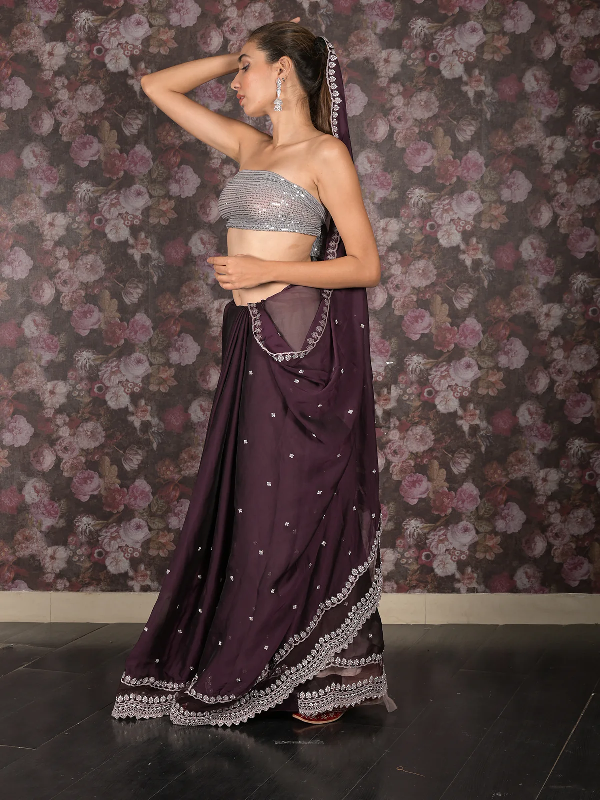 Odette Purple Faux Stone Embellished Poly Georgette Saree with Unstitched Blouse for Women - Image 2