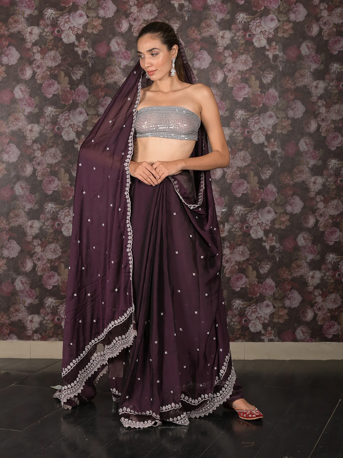 Odette Purple Faux Stone Embellished Poly Georgette Saree with Unstitched Blouse for Women - Image 3