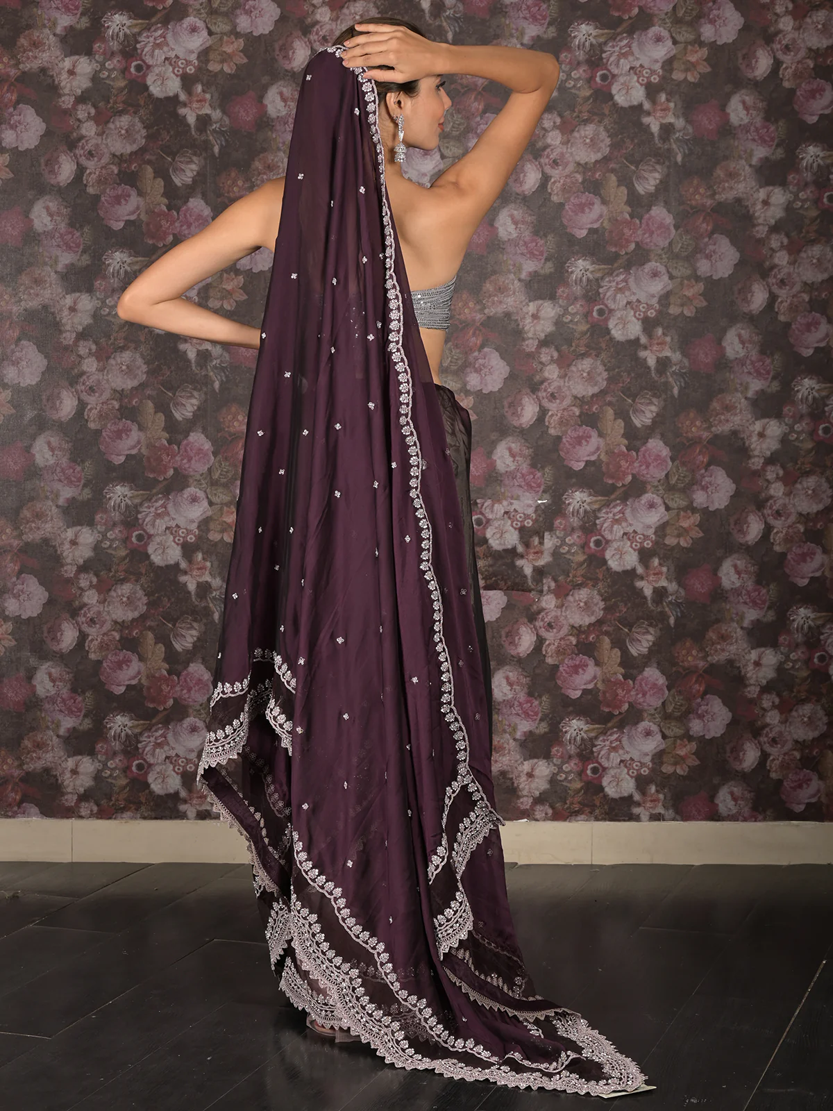 Odette Purple Faux Stone Embellished Poly Georgette Saree with Unstitched Blouse for Women - Image 6
