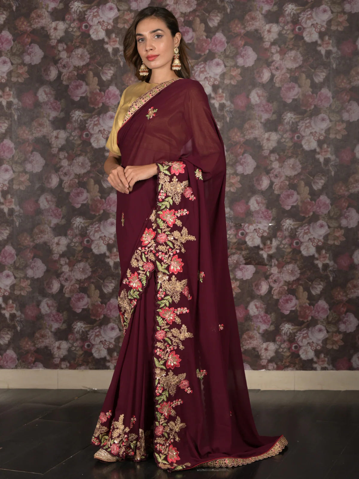 Odette Purple Floral Embroidered Georgette Saree with Unstitched Blouse for Women - Image 2