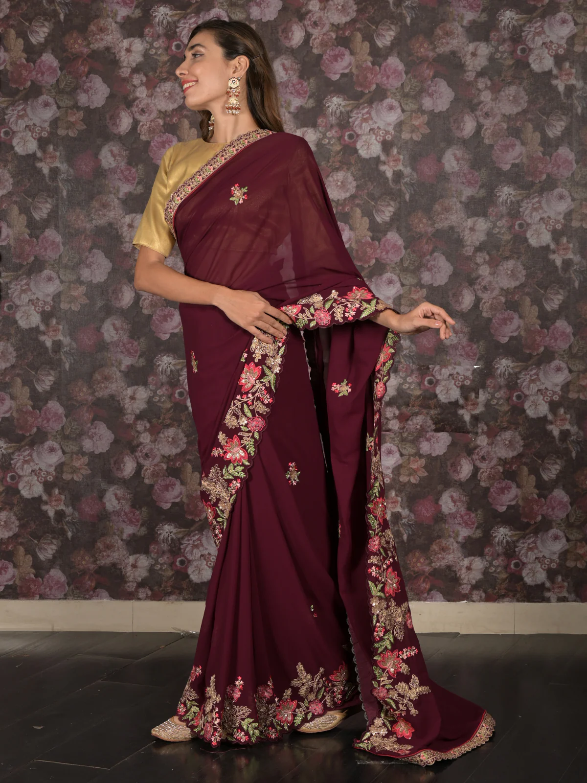 Odette Purple Floral Embroidered Georgette Saree with Unstitched Blouse for Women - Image 3