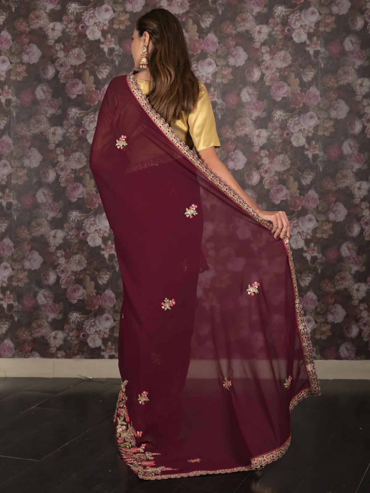 Odette Purple Floral Embroidered Georgette Saree with Unstitched Blouse for Women - Image 4