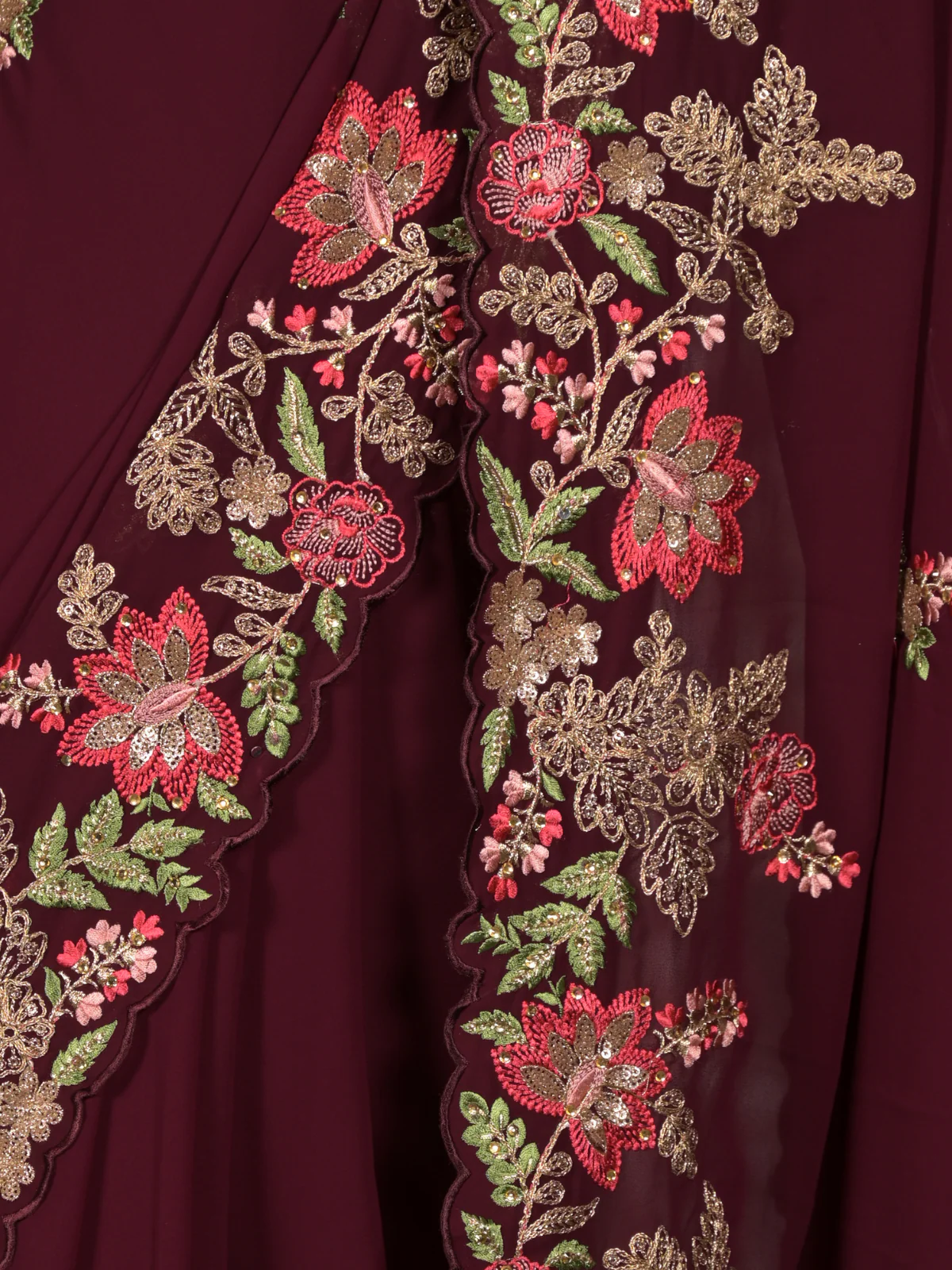 Odette Purple Floral Embroidered Georgette Saree with Unstitched Blouse for Women - Image 5