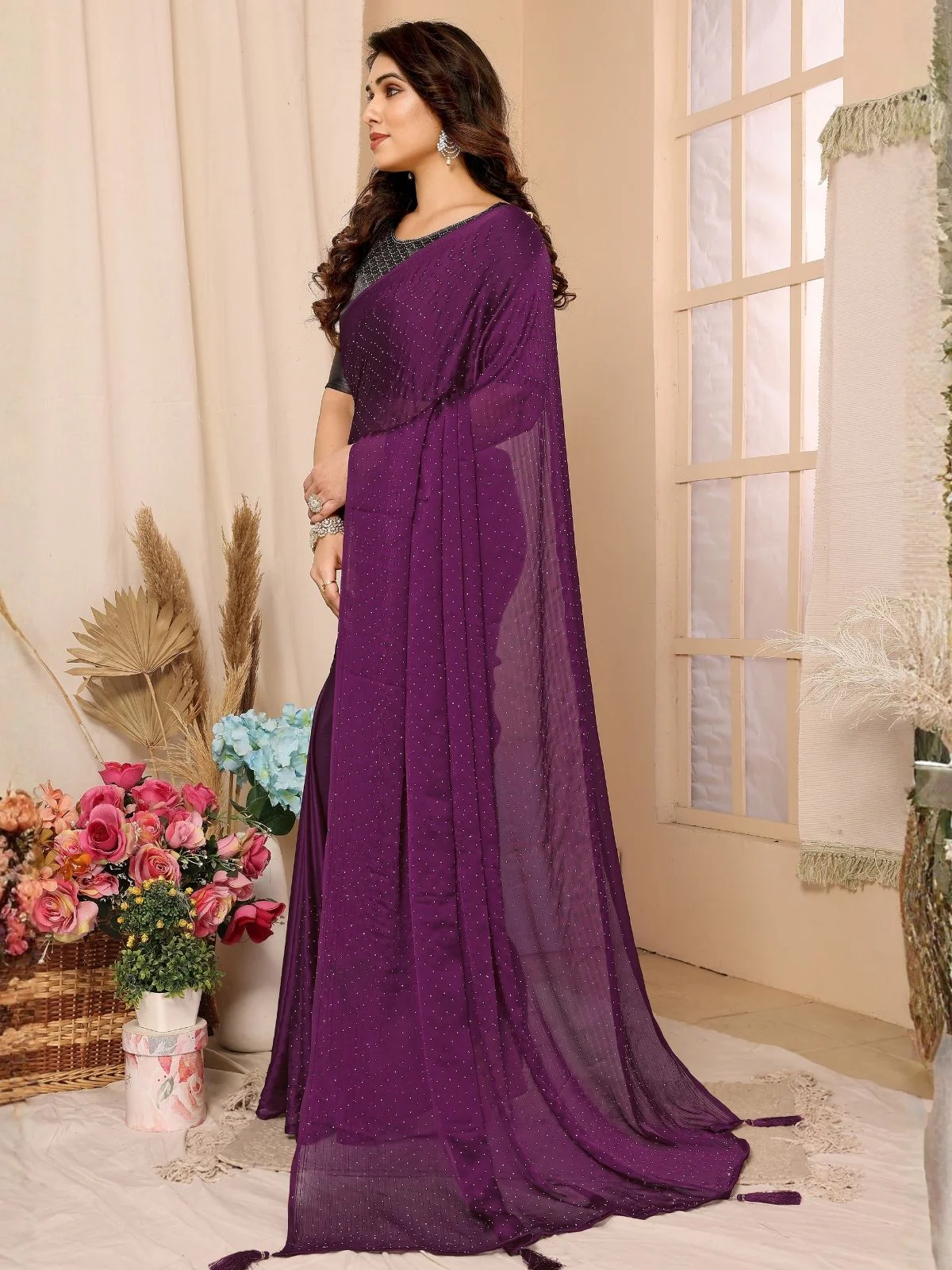 Odette Purple Georgette Embellished Saree For Women - Image 2