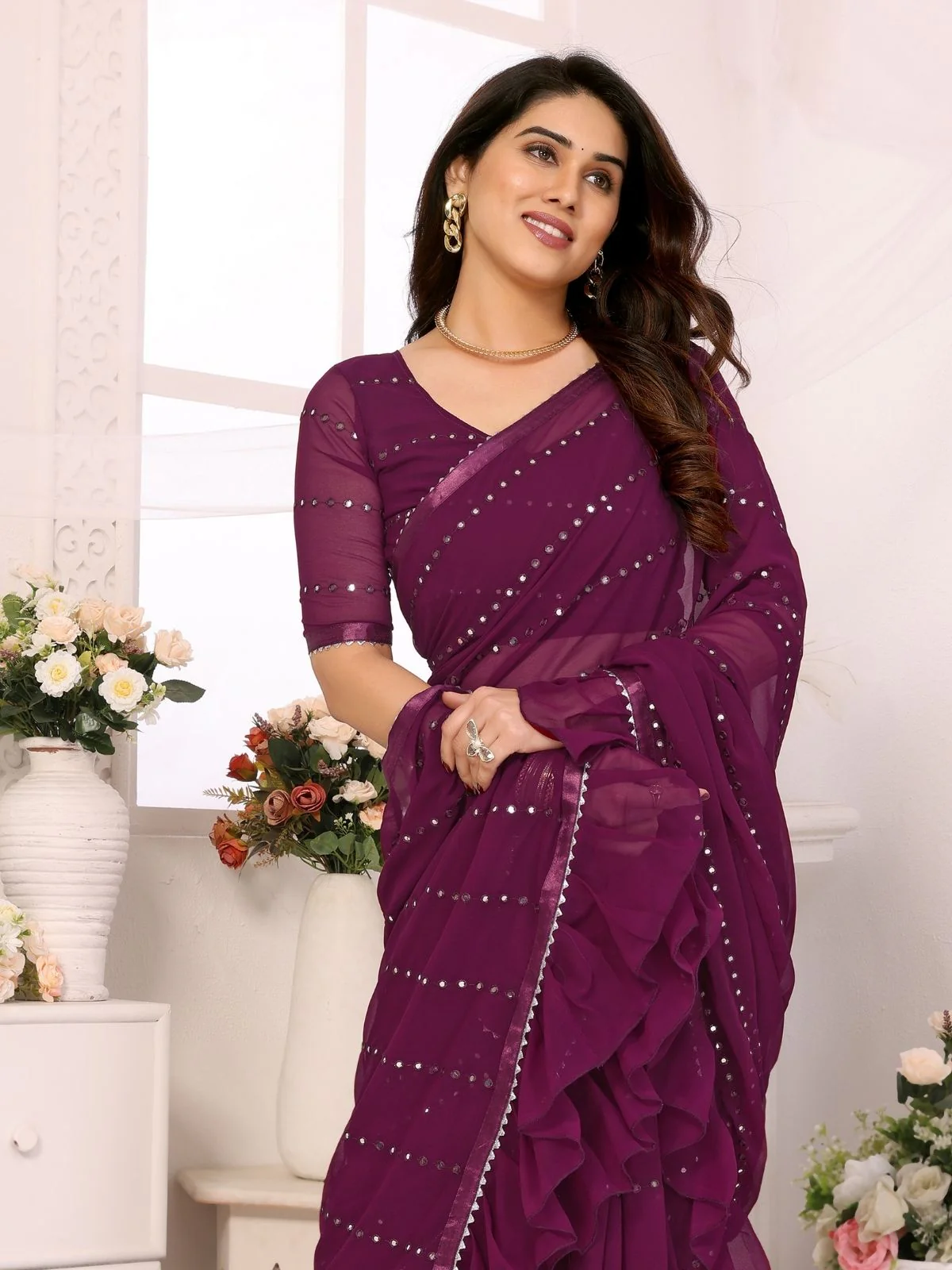 Odette Purple Georgette Embellished Saree For Women - Image 4