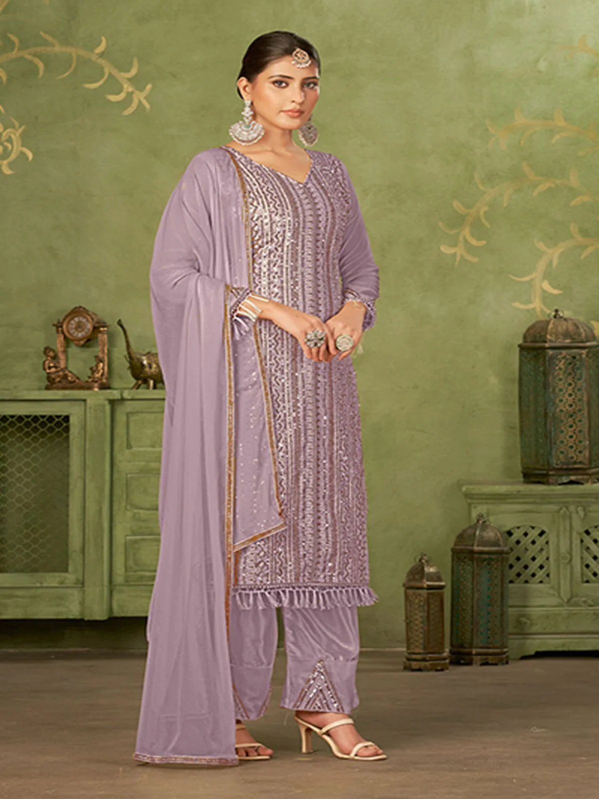 Odette Purple Georgette Embellished Semi Stitched Kurta Set For Women - Image 2