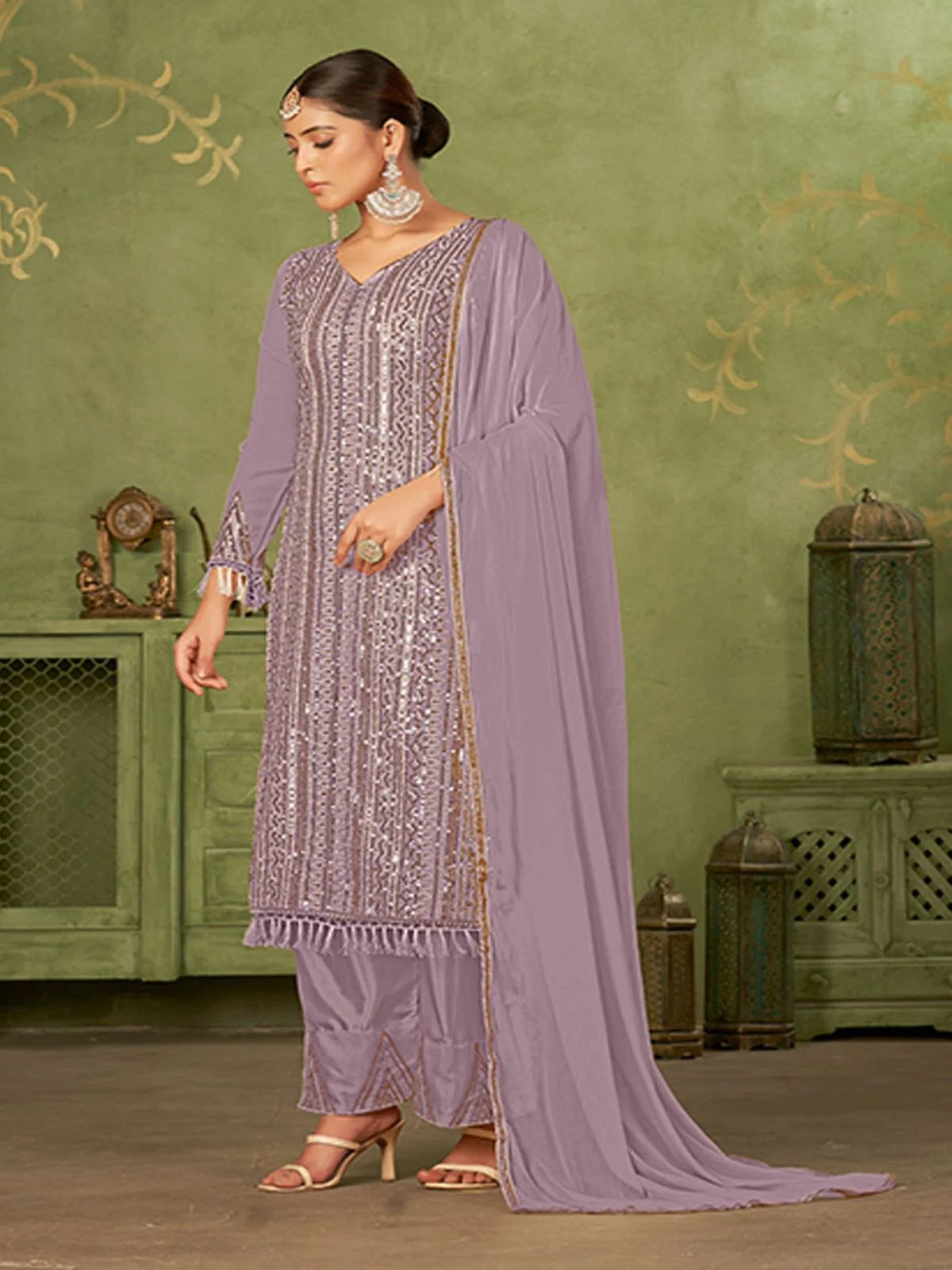 Odette Purple Georgette Embellished Semi Stitched Kurta Set For Women - Image 3