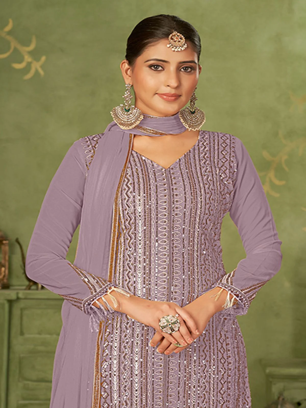 Odette Purple Georgette Embellished Semi Stitched Kurta Set For Women - Image 4