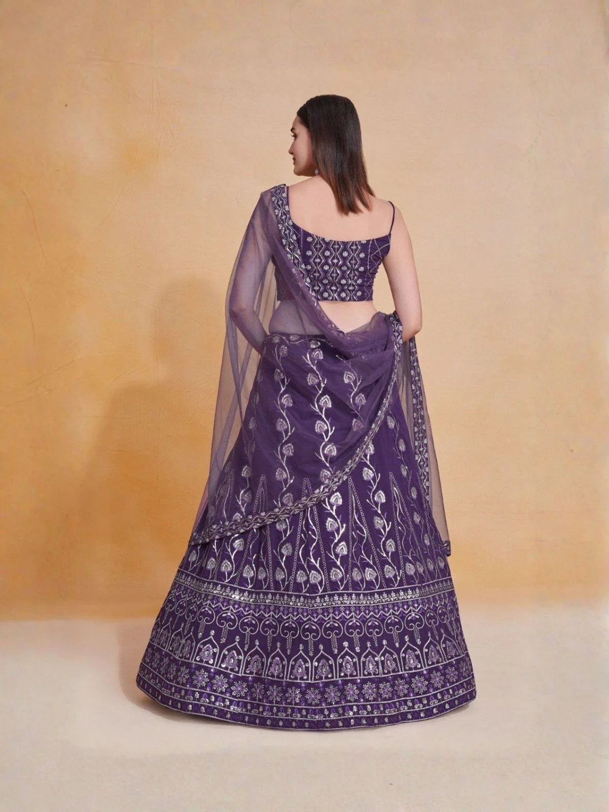 Odette Purple Georgette Embellished Semi Stitched Lehenga For Women - Image 2