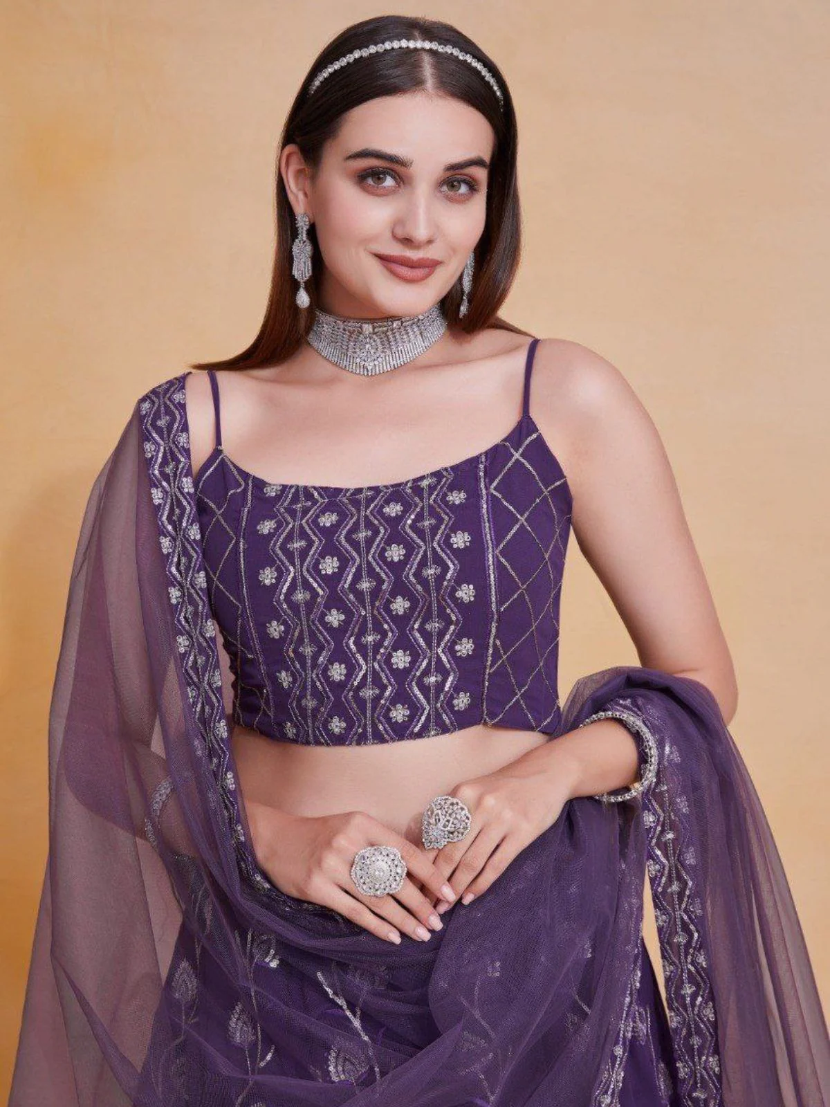 Odette Purple Georgette Embellished Semi Stitched Lehenga For Women - Image 3
