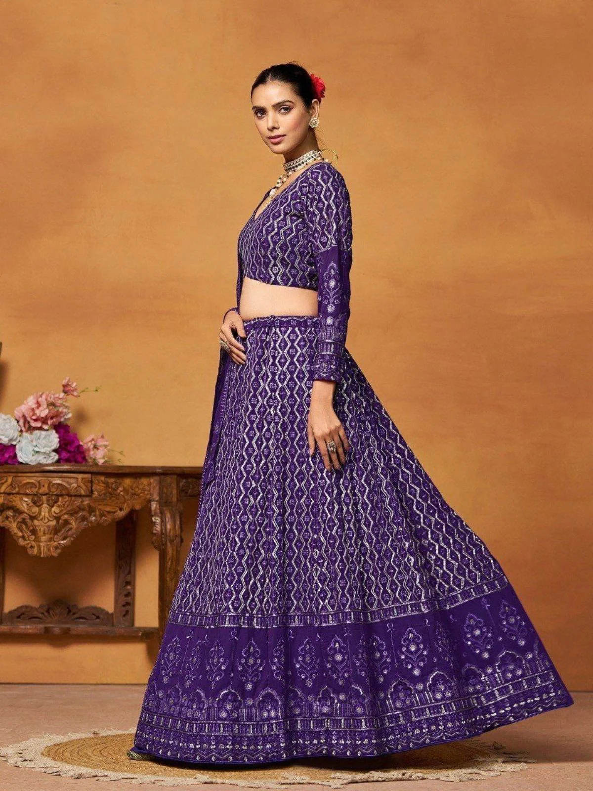 Odette Purple Georgette Embellished Semi Stitched Lehenga For Women - Image 2