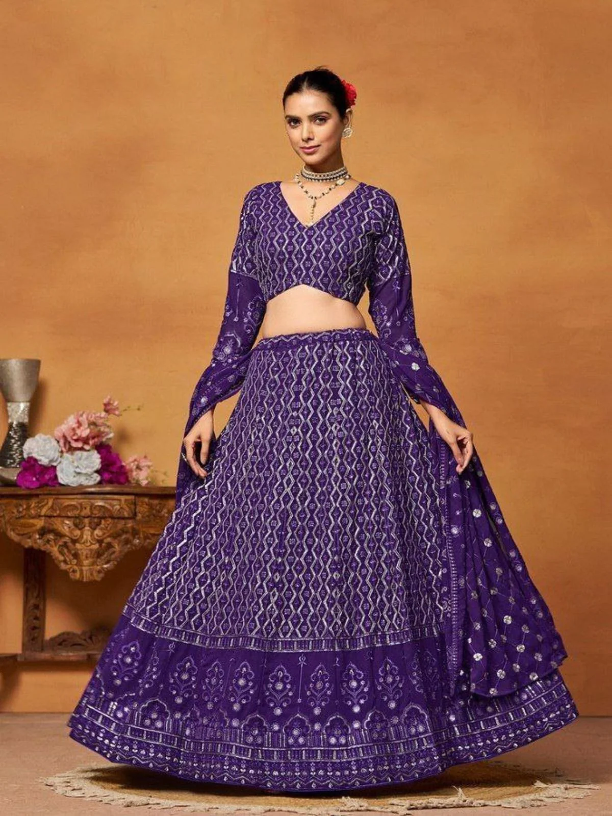 Odette Purple Georgette Embellished Semi Stitched Lehenga For Women - Image 3