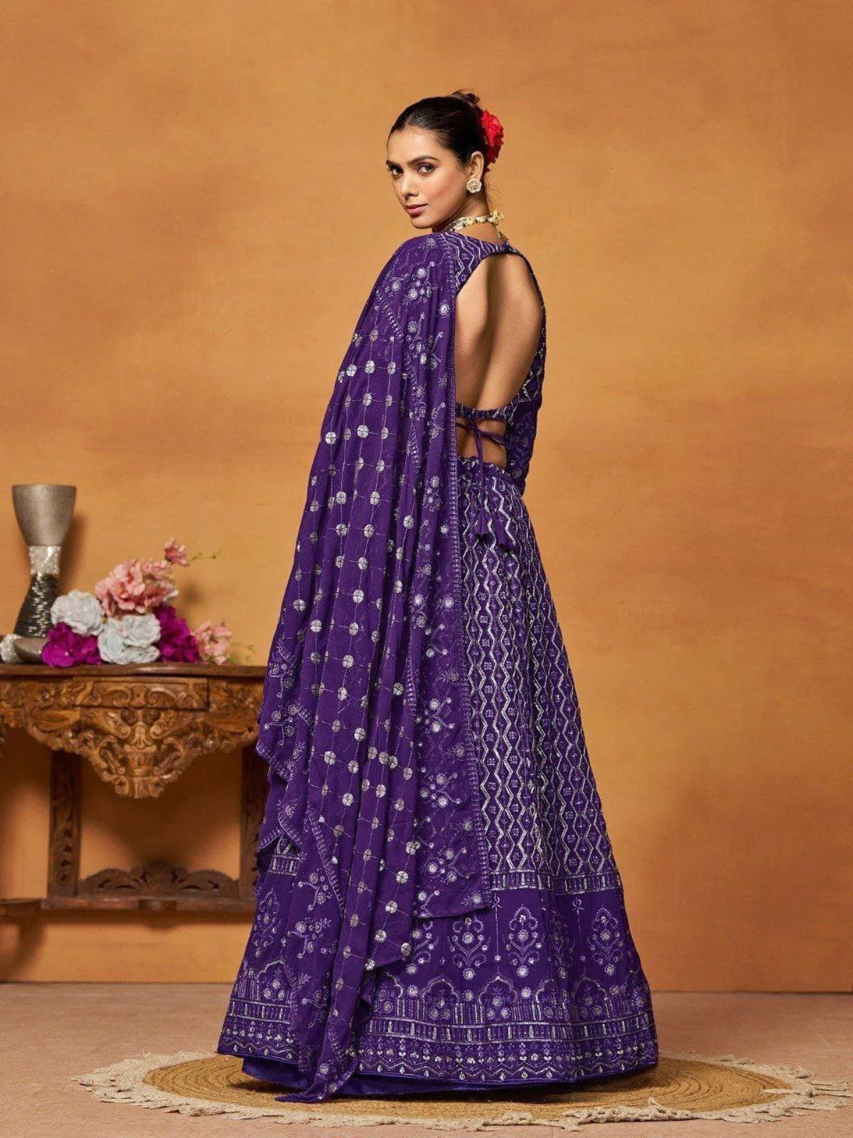 Odette Purple Georgette Embellished Semi Stitched Lehenga For Women - Image 4