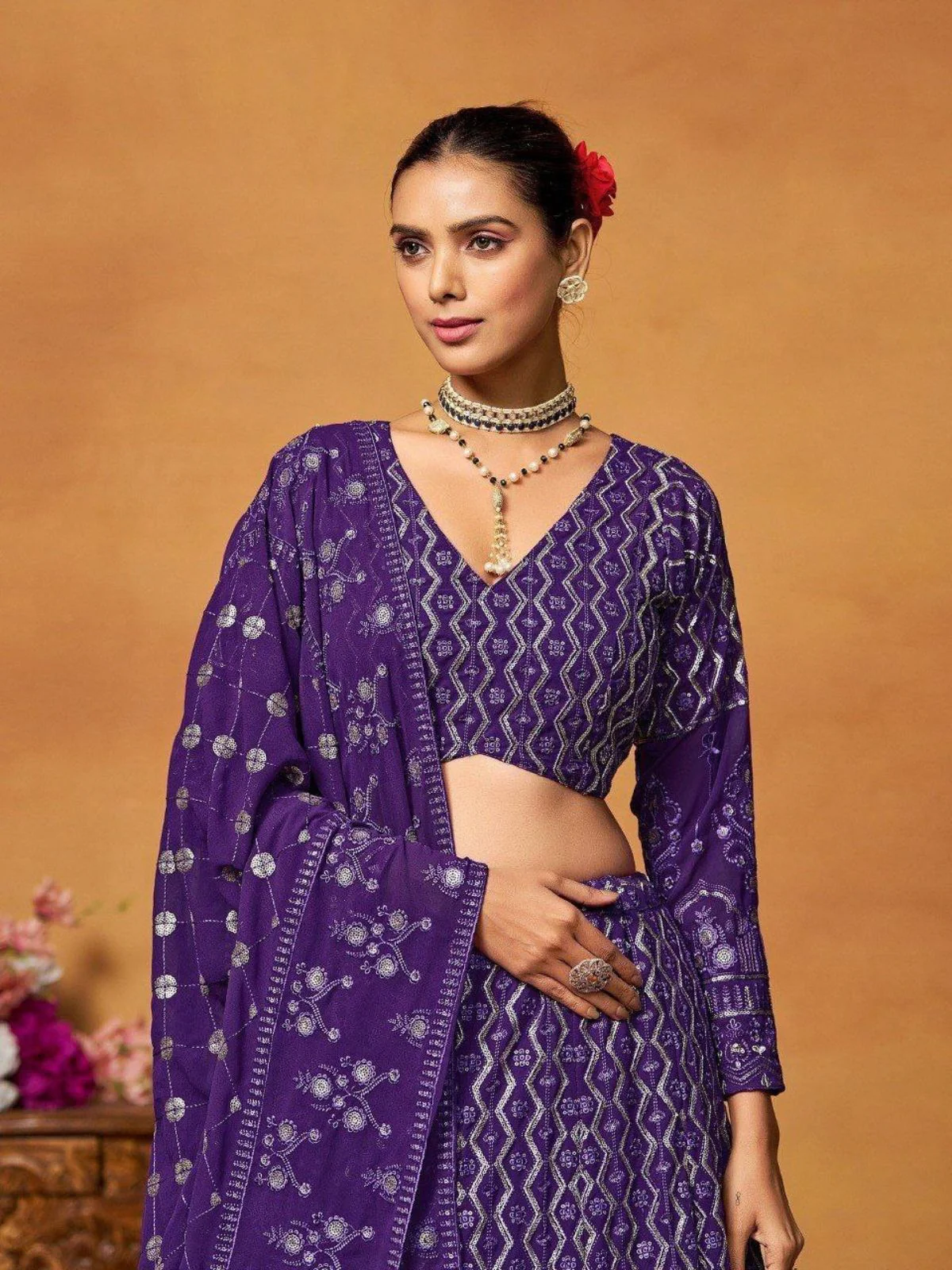Odette Purple Georgette Embellished Semi Stitched Lehenga For Women - Image 5