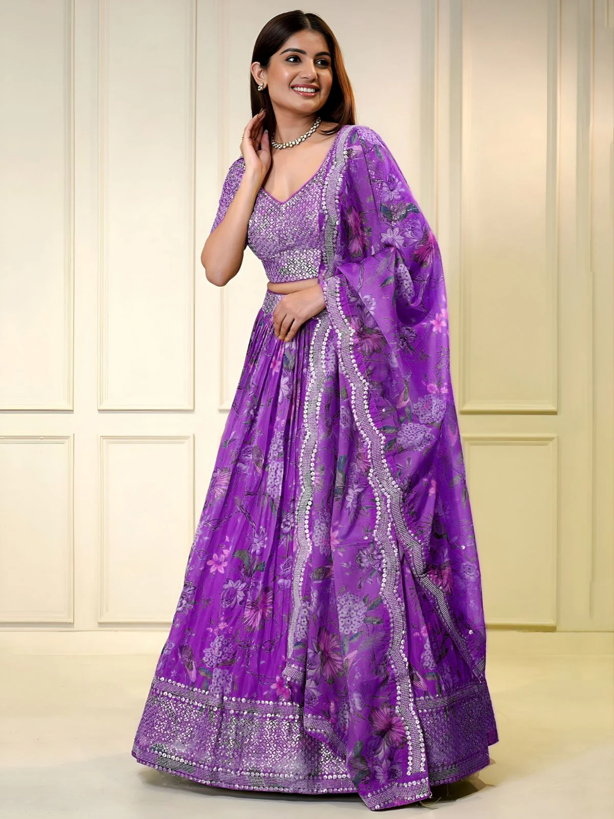 Odette Purple Georgette Embellished Semi-Stitched Lehenga For Women