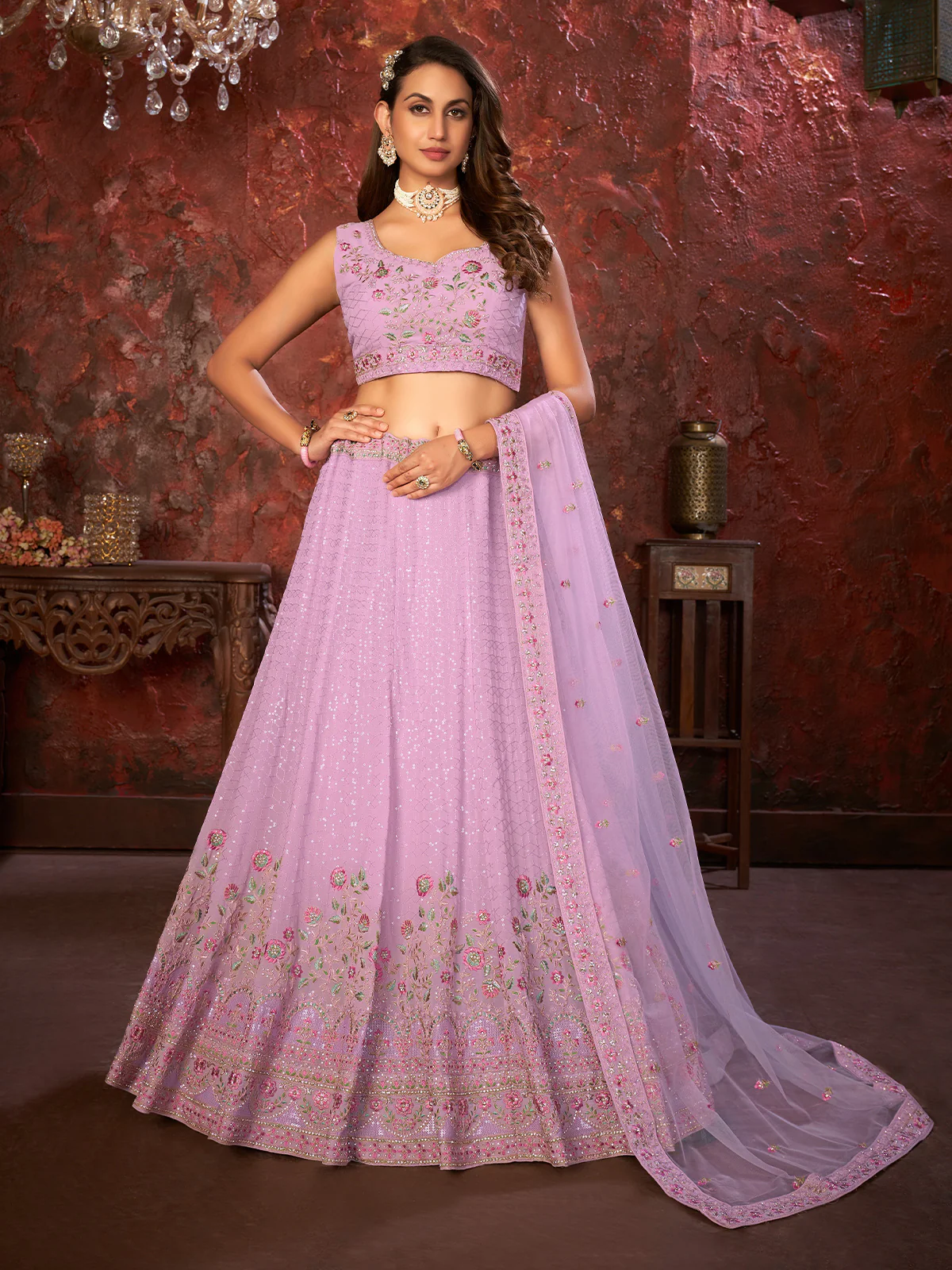 Odette Purple Georgette Embellished Semi Stitched Lehenga With Unstitched Blouse for Women - Image 2