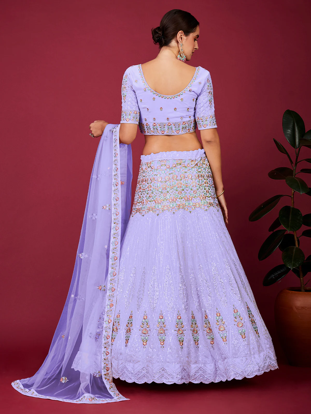 Odette Purple Georgette Embellished Semi Stitched Lehenga With Unstitched Blouse for Women - Image 2