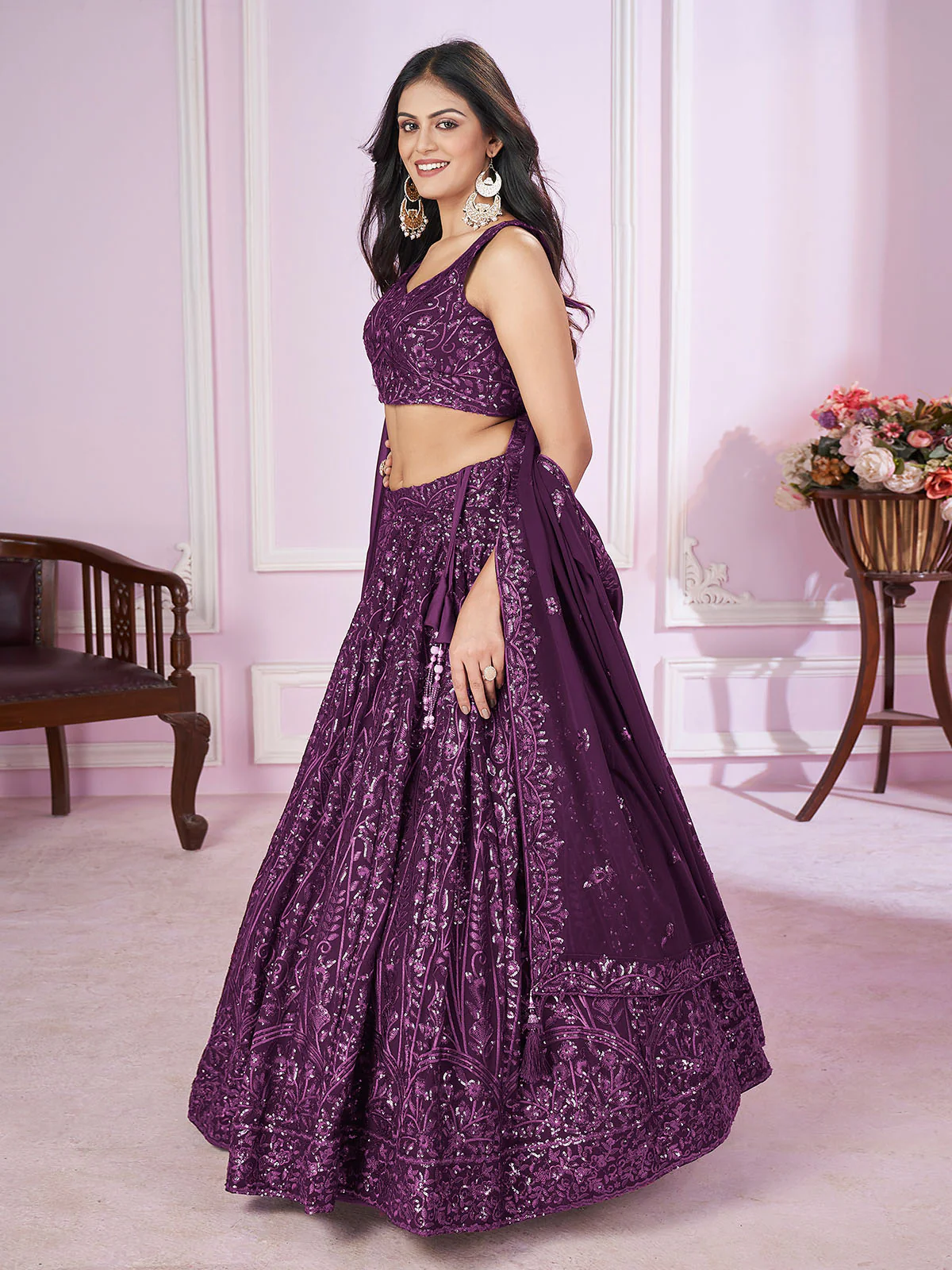 Odette Purple Georgette Embellished Semi Stitched Lehenga With Unstitched Blouse For Women - Image 2