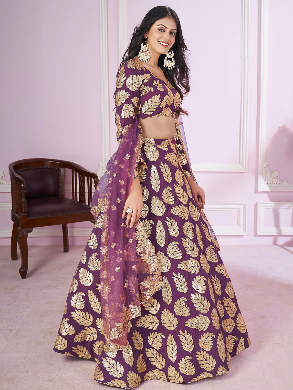 Odette Purple Georgette Embellished Semi Stitched Lehenga With Unstitched Blouse For Women - Image 2