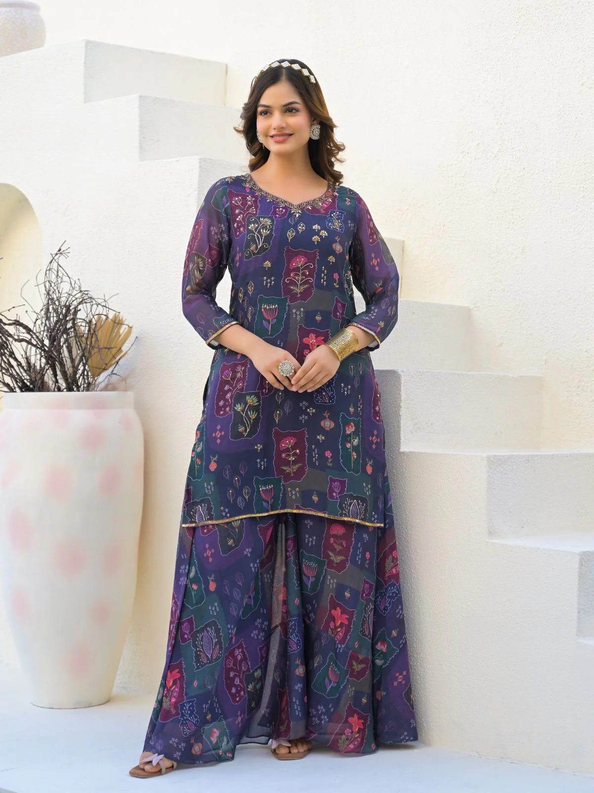 Odette Purple Georgette Embellished Stiched Kurta Set For Women - Image 2