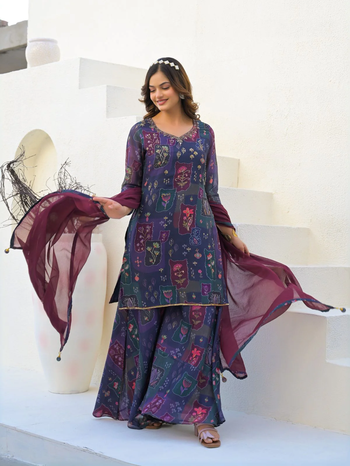 Odette Purple Georgette Embellished Stiched Kurta Set For Women - Image 3