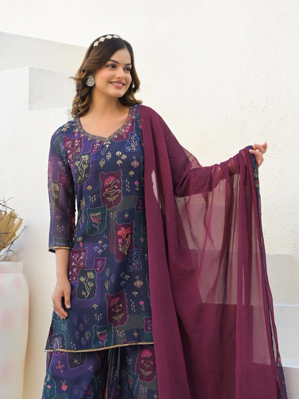 Odette Purple Georgette Embellished Stiched Kurta Set For Women - Image 5