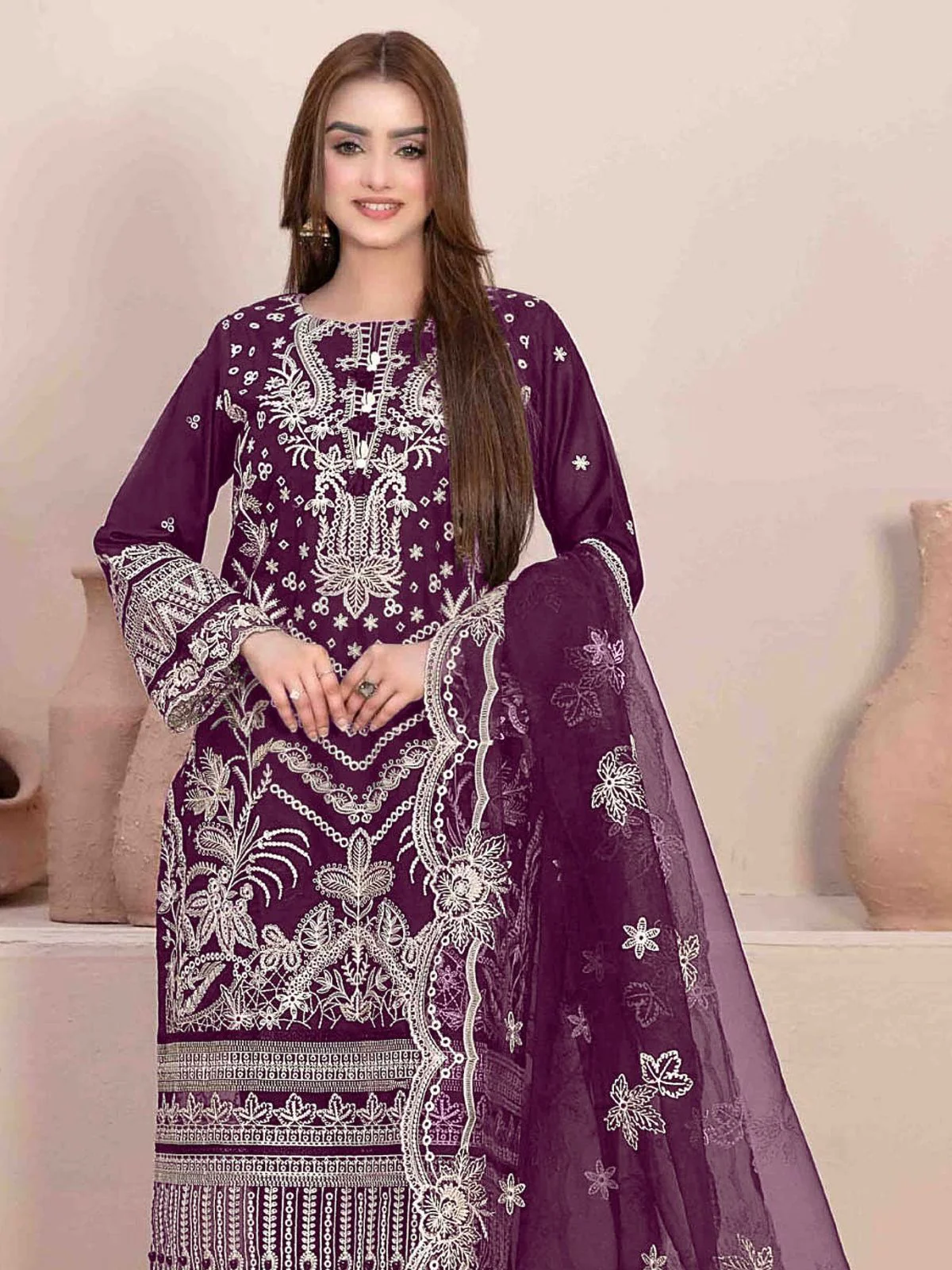 Odette Purple Georgette Embroidered & Cutwork Semi-Sitched Kurta Set For Women - Image 2