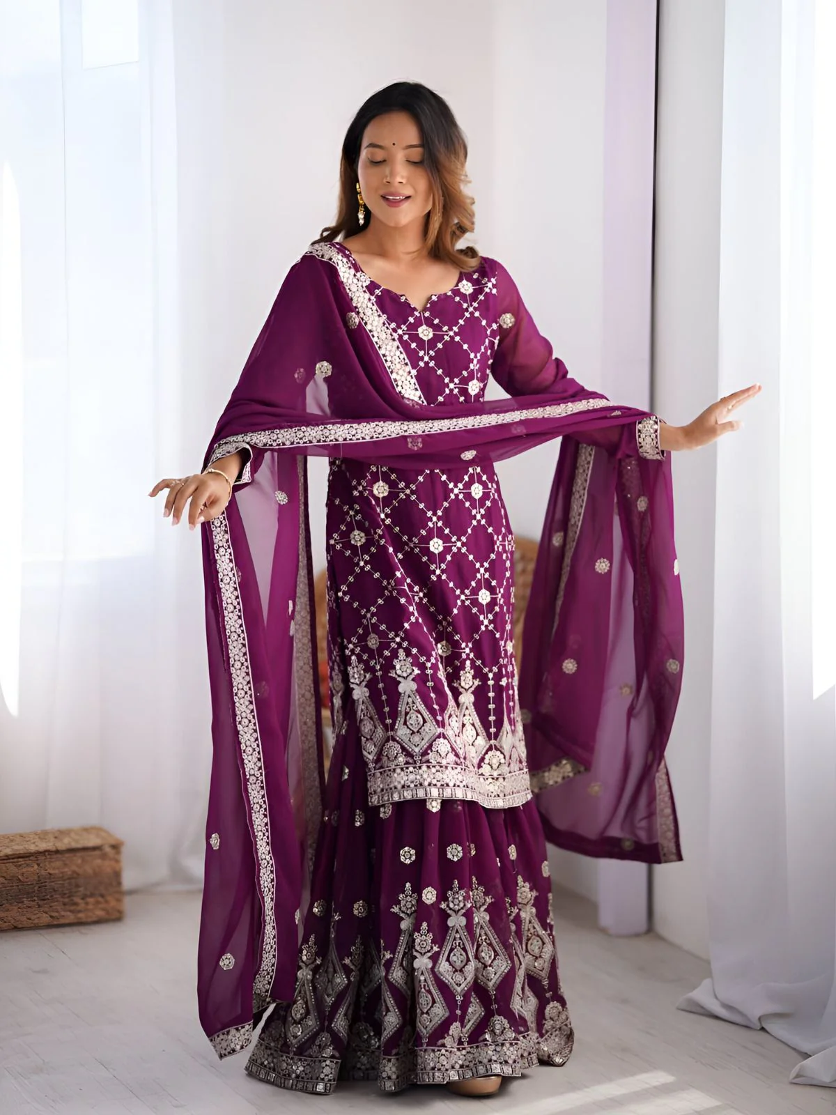 Odette Purple Georgette Embroidered Kurta Set For Women - Image 2