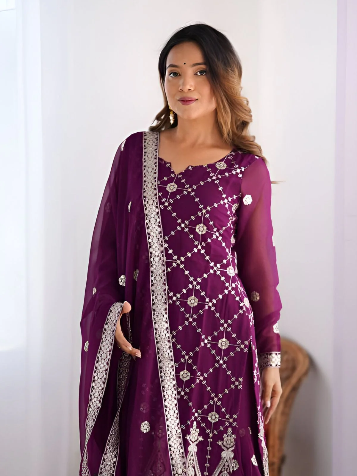 Odette Purple Georgette Embroidered Kurta Set For Women - Image 4
