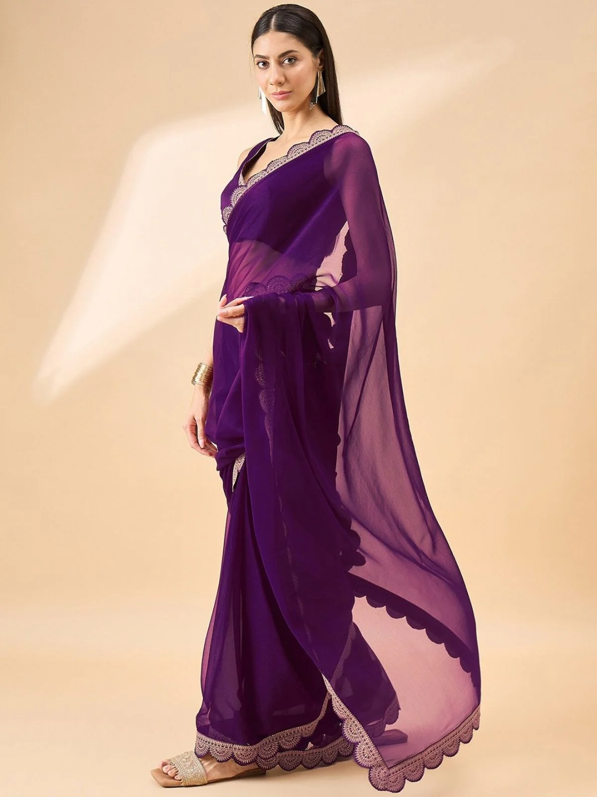 Odette Purple Georgette Embroidered Saree For Women - Image 2