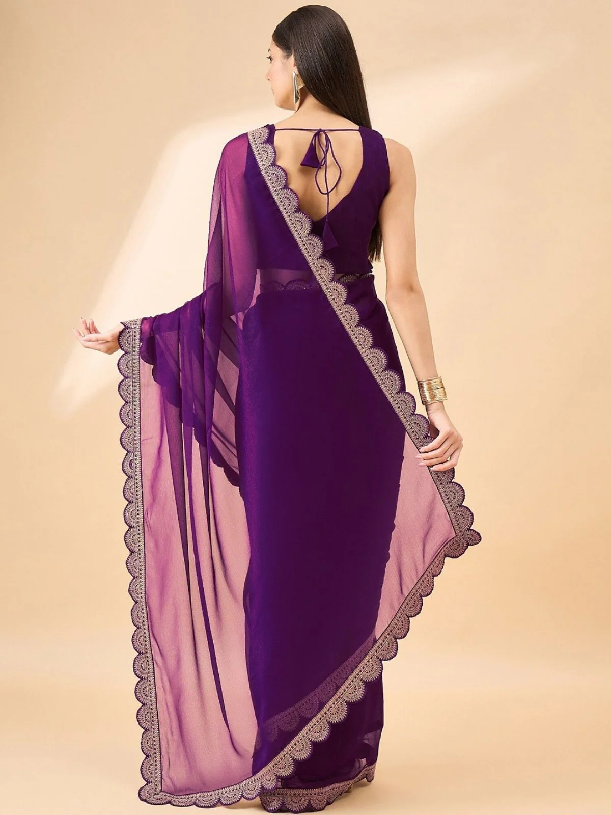 Odette Purple Georgette Embroidered Saree For Women - Image 3