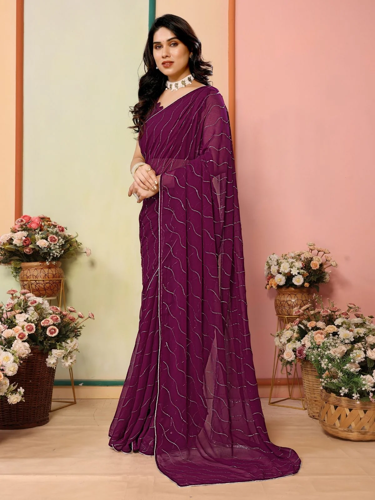 Odette Purple Georgette Embellished Saree For Women - Image 2