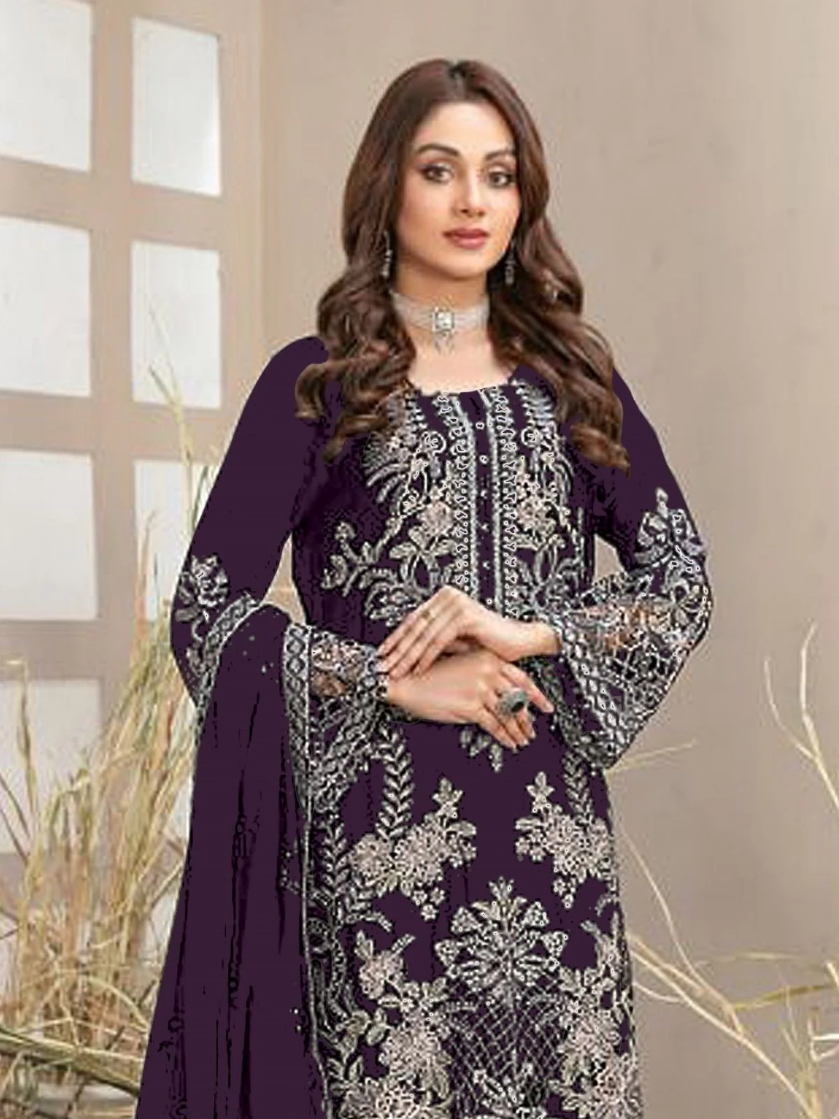 Odette Purple Georgette Embroidered Semi-Sitched Kurta Set For Women - Image 2
