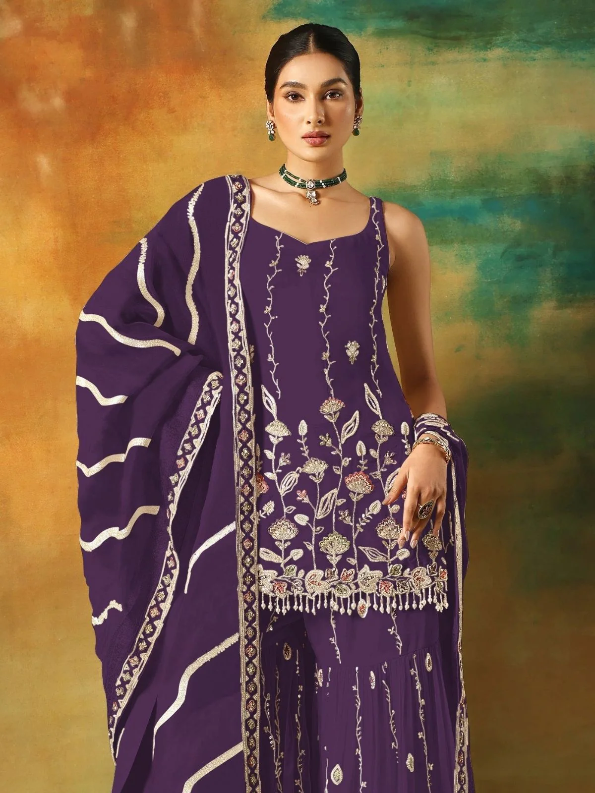 Odette Purple Georgette Embroidered Semi-Sitched Kurta Set For Women - Image 2