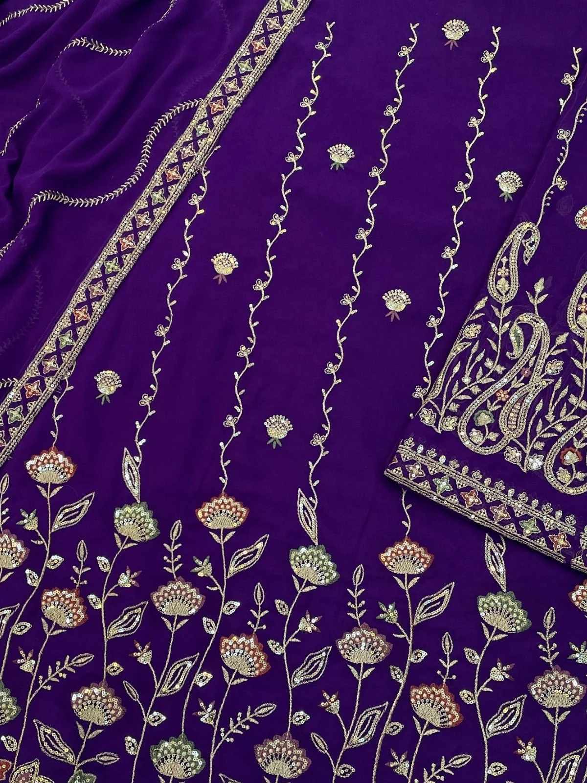 Odette Purple Georgette Embroidered Semi-Sitched Kurta Set For Women - Image 3