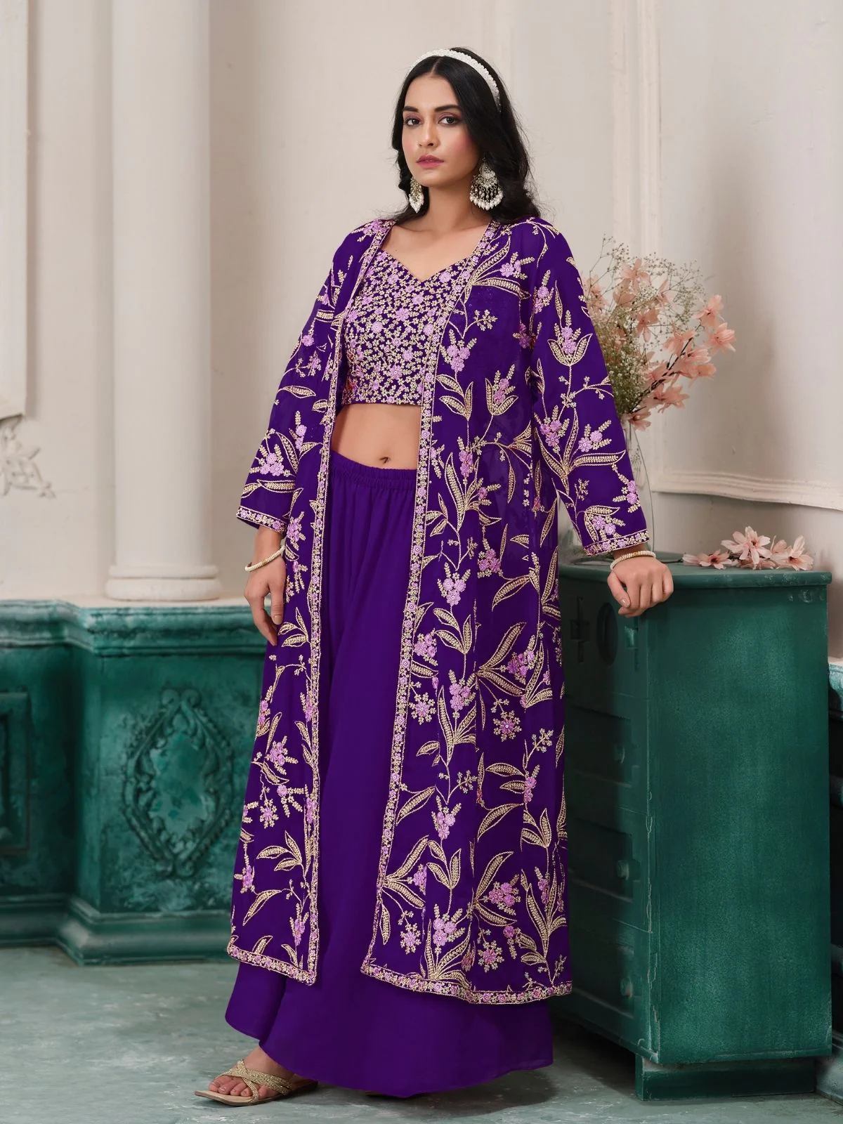 Odette Purple Georgette Embroidered Semi-Stiched Co-Ord Set For Women - Image 2