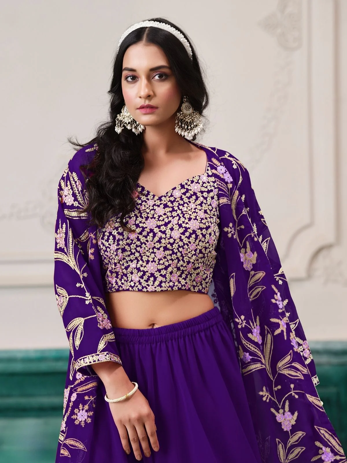Odette Purple Georgette Embroidered Semi-Stiched Co-Ord Set For Women - Image 4