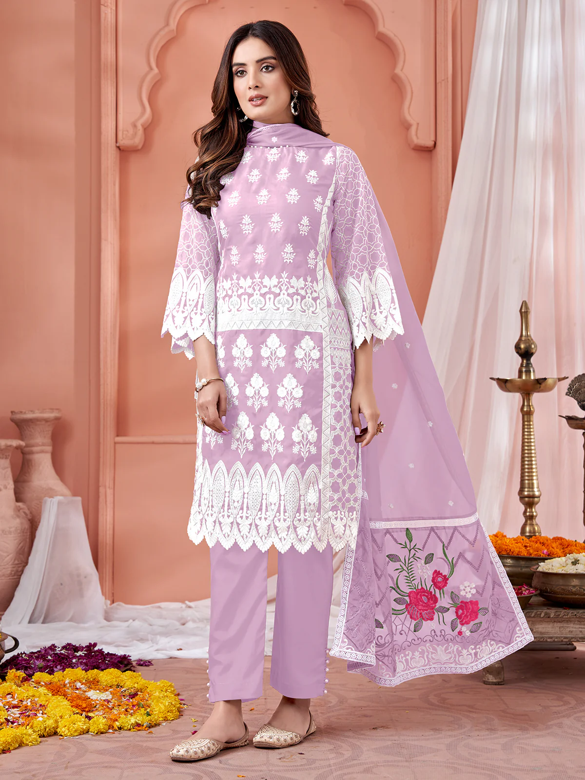 Odette Purple Georgette Embroidered Semi stitched Kurta Set For Women - Image 2