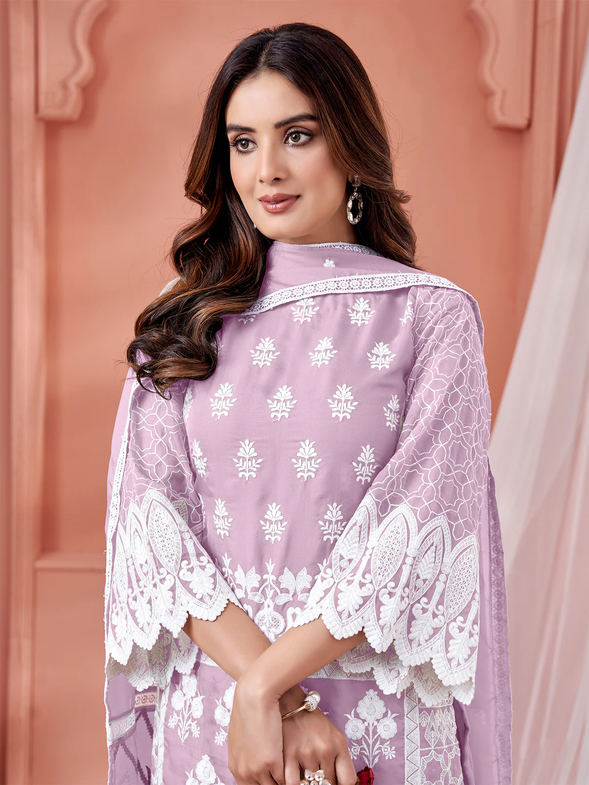 Odette Purple Georgette Embroidered Semi stitched Kurta Set For Women - Image 3