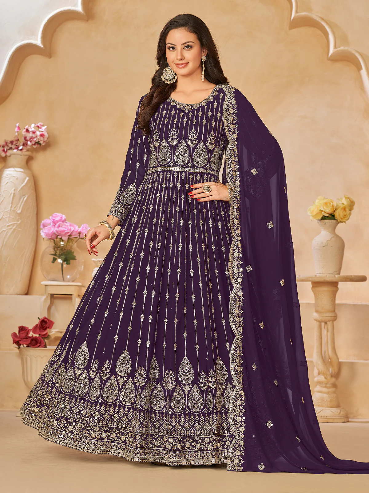 Odette Purple Georgette Embroidered Semi stitched Kurta Set For Women - Image 2