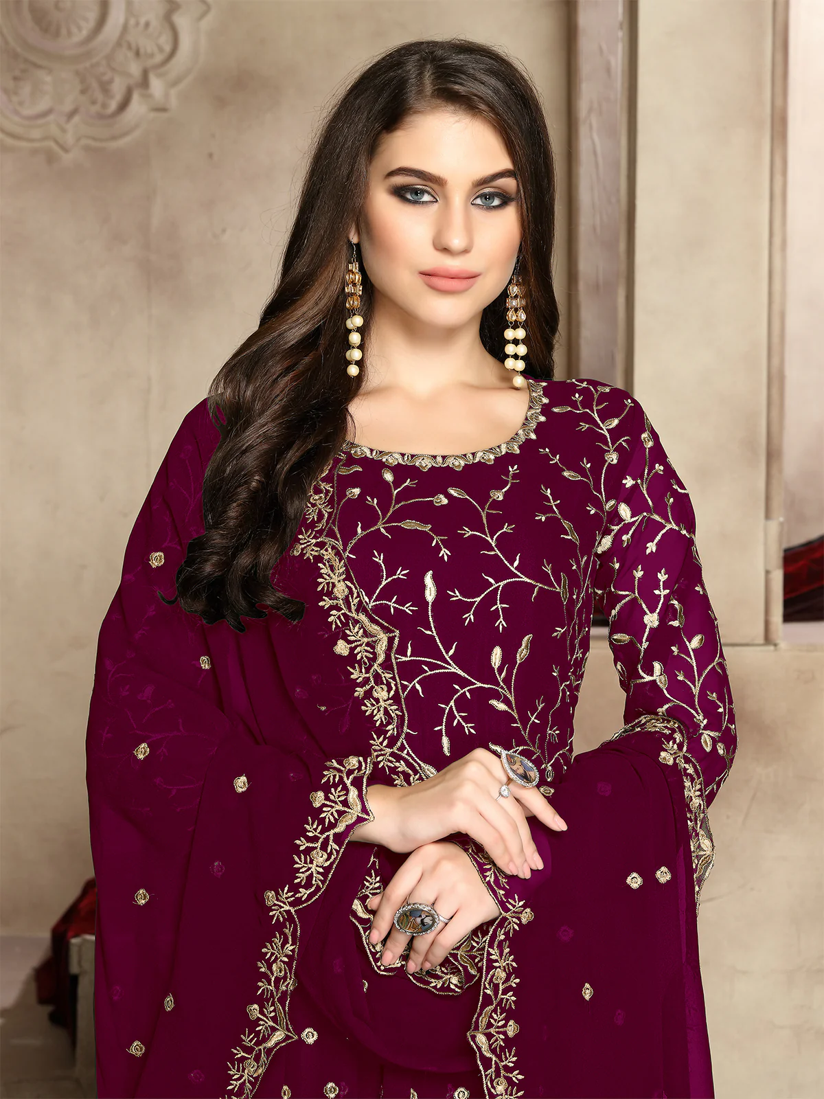Odette Purple Georgette Embroidered Semi stitched Kurta Set For Women - Image 2