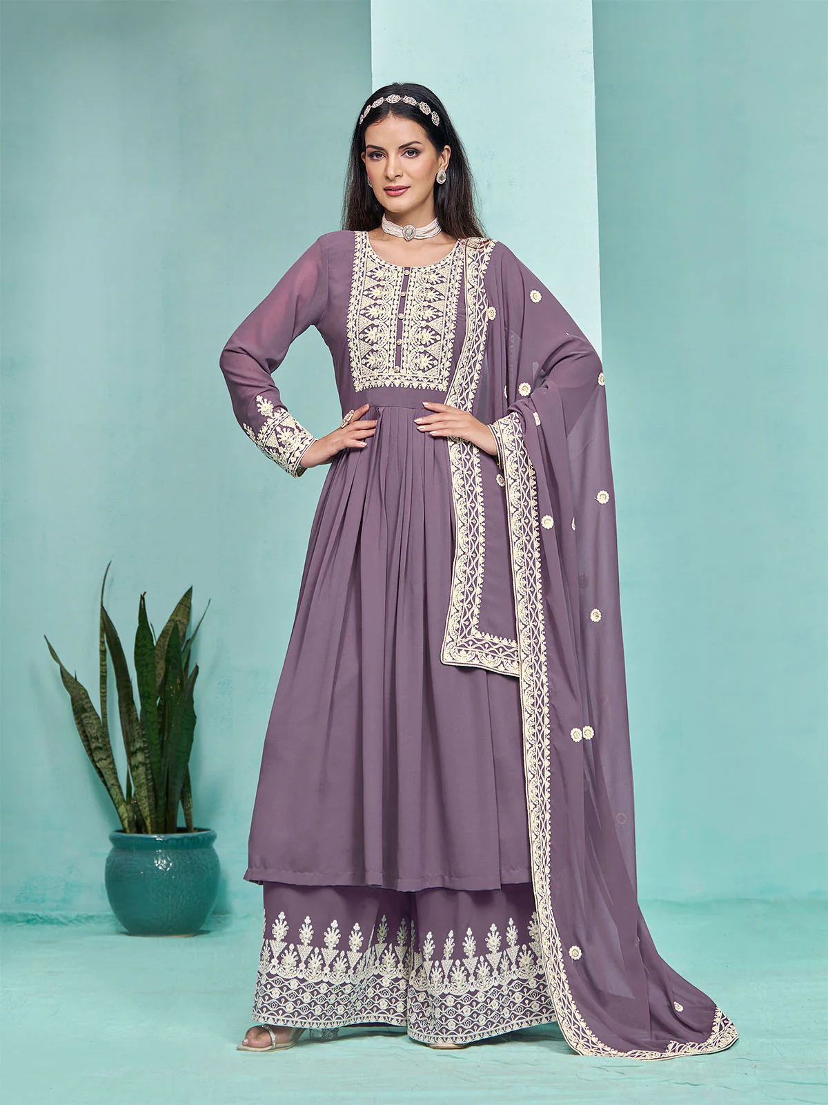 Odette Purple Georgette Embroidered Semi Stitched Kurta Set For Women - Image 2