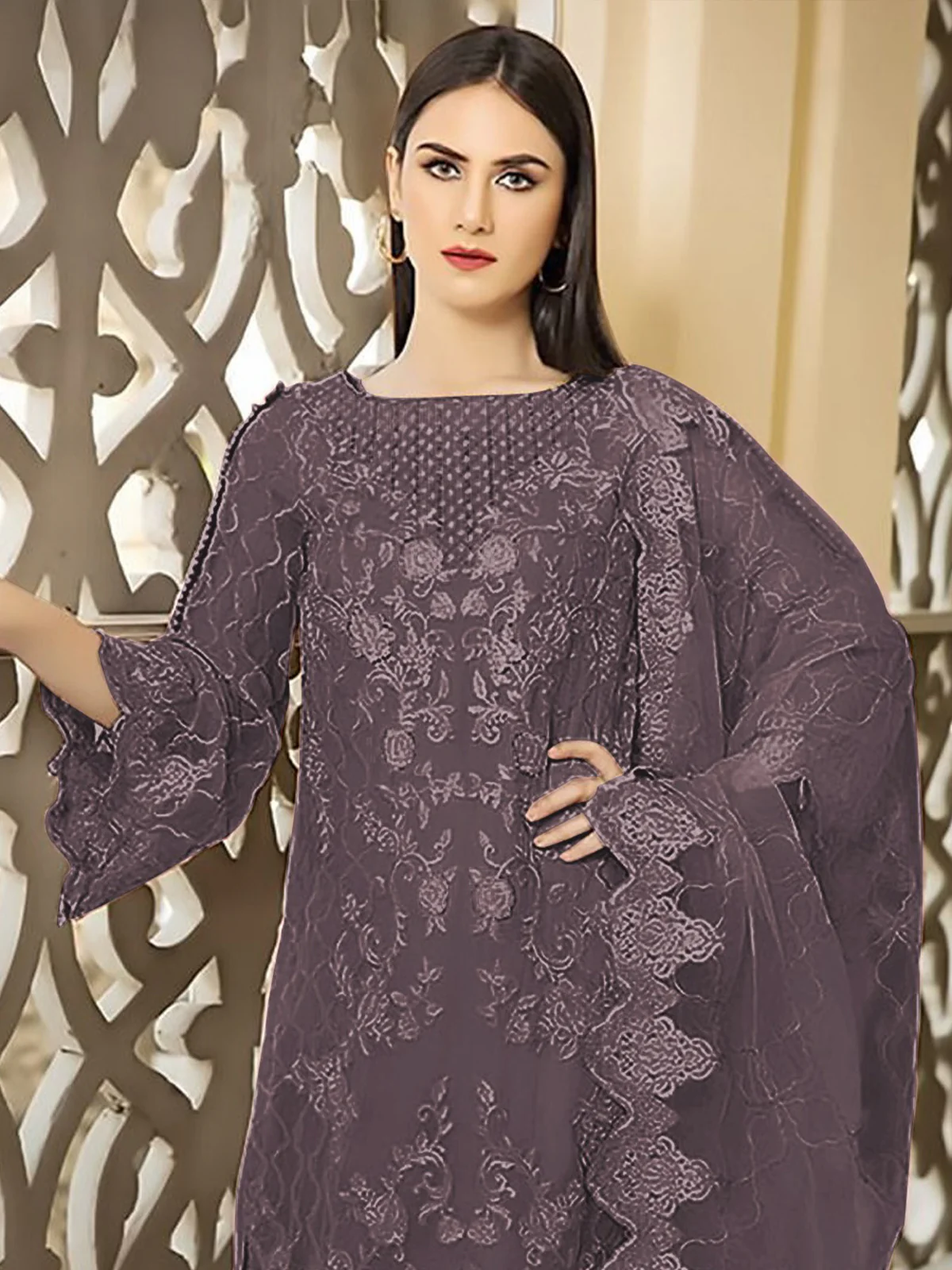 Odette Mauve Georgette Embroidered Semi stitched Kurta Set For Women - Image 2
