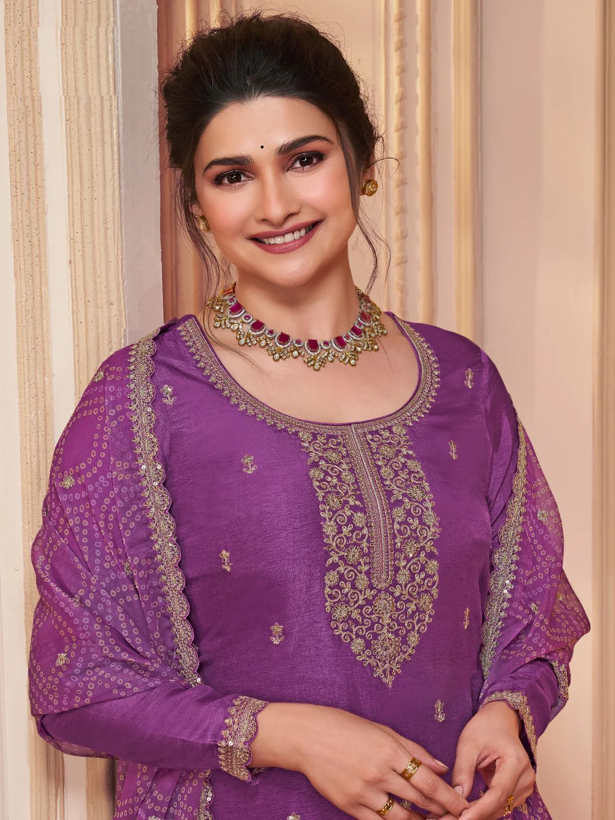 Odette Purple Georgette Embroidered Semi-Stitched Kurta Set For Women - Image 2