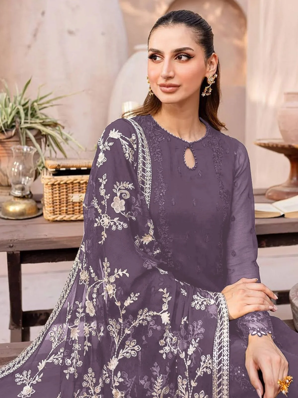Odette Purple Georgette Embroidered Semi-Stitched Kurta Set For Women - Image 2